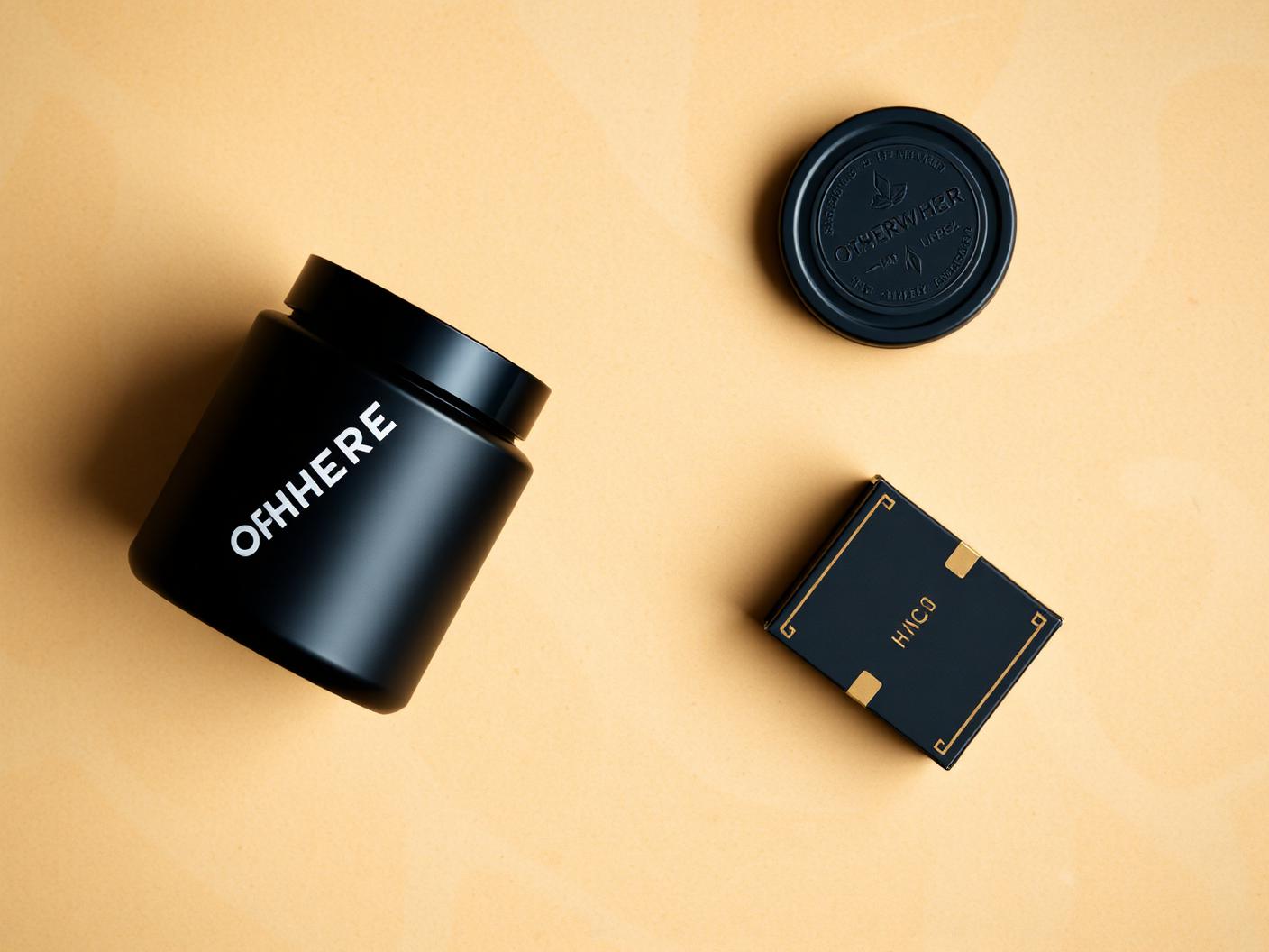 Flat lay of Otherwhere packaging lineup: matte black jar, embossed tin and small box on beige stone