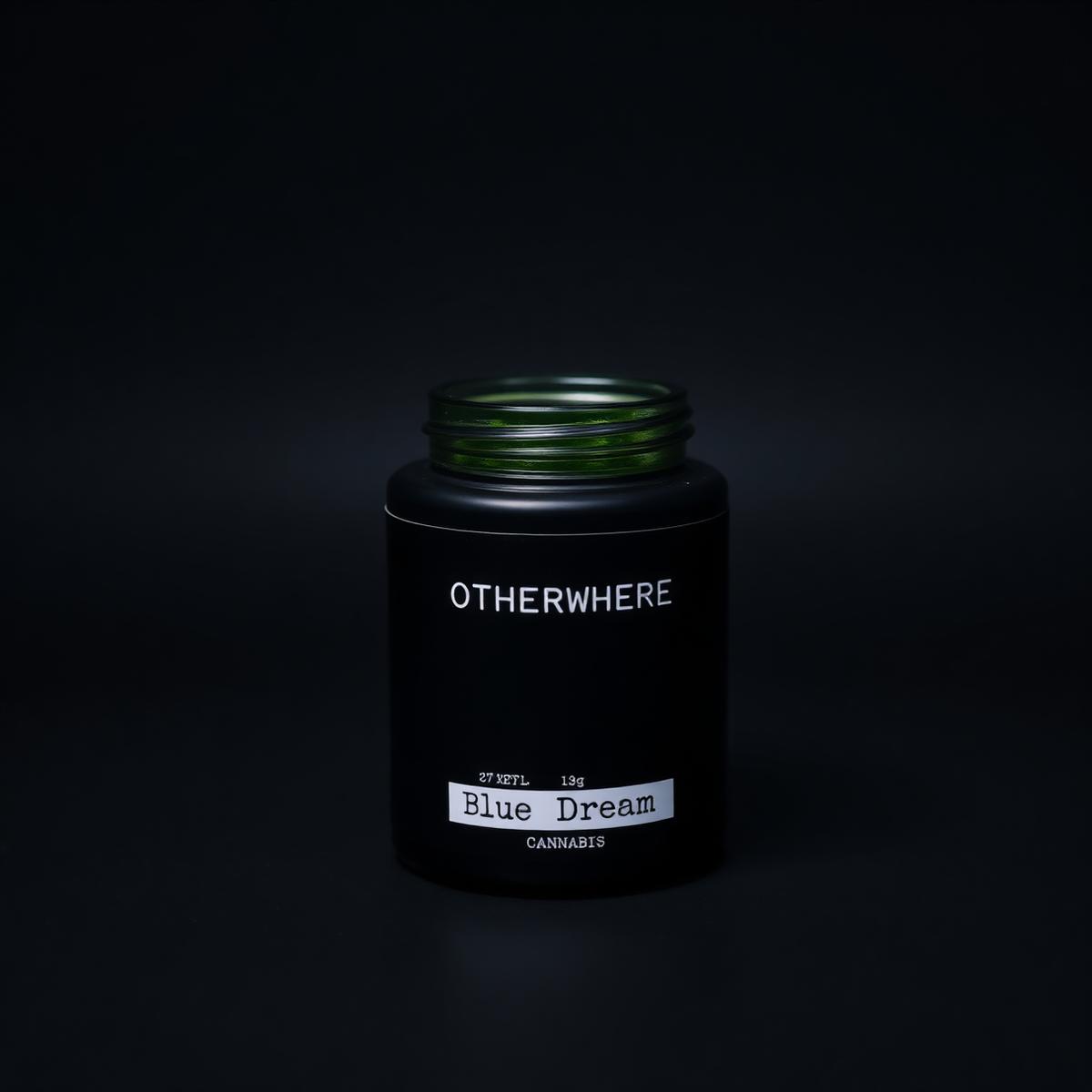 Matte black Otherwhere flower jar with Blue Dream typewriter label