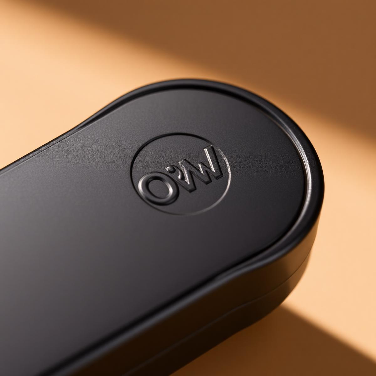 Close-up of the embossed O^W monogram on a matte black pre-roll tin