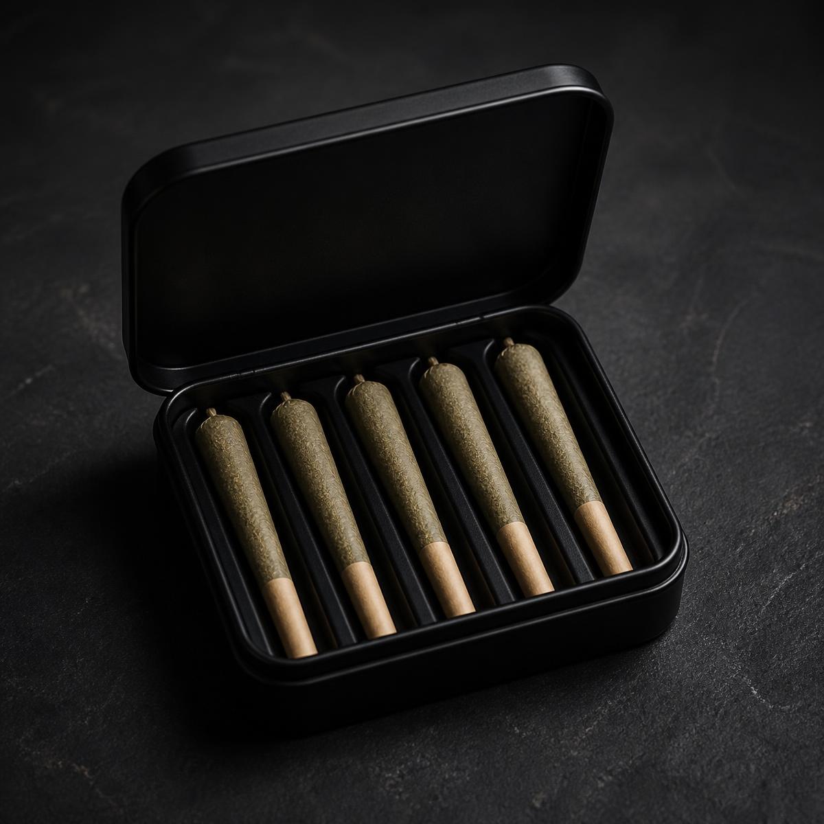 Matte black tin of five Otherwhere pre-rolls
