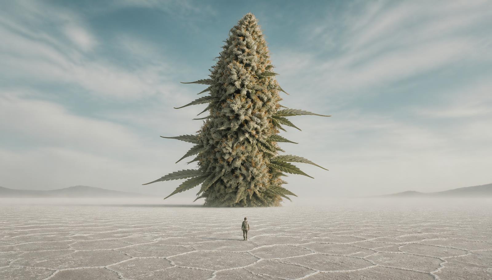 A monumental cannabis flower on an empty salt flat with a lone traveller